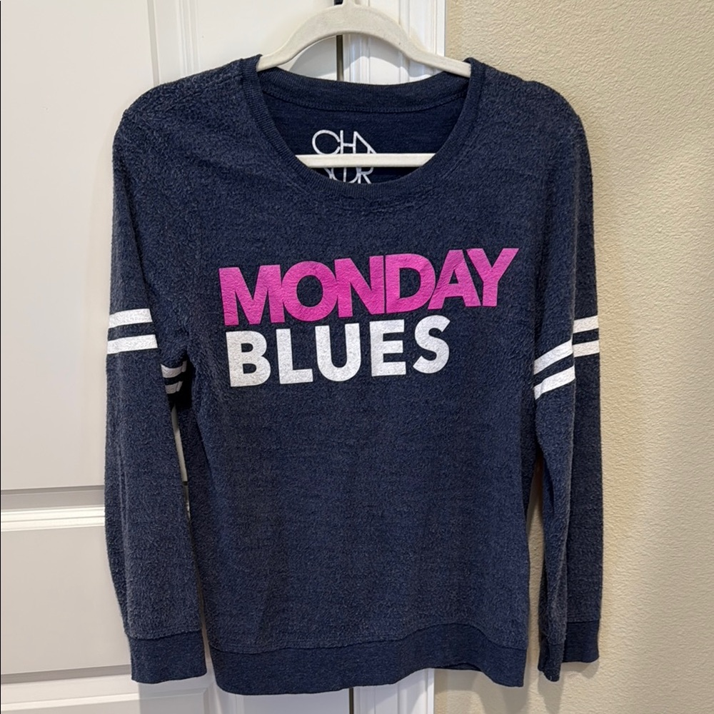 Chaser Blue and Pink Crew Neck Sweater with Sporty Stripes